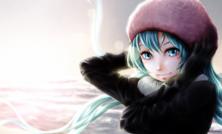 Hatsune Miku - virtual, miku, digital, model, vocaloids, song, singer, winter, cool, pink, awesome, vocaloid, anime, twintail, season, cap, aqua hair, realistic, snow, pose, hatsune, black, cute, beautiful, girl, anime girl, real, white, light, cold, program, aqua eyes, artistic, pretty, glow, snowflakes, aqua, beauty, digital art, art, diva, nice, idol, music, hatsune miku