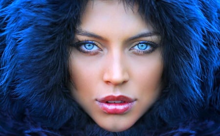 BLU - woman, black hair, beauty, blue hood, blue eyes