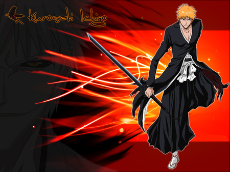 Kurosaki Ichigo - red background, anime, sword, ichigo, kurosaki ichigo, male, bleach, ichigo kurosaki, spiky hair, lone, orange hair