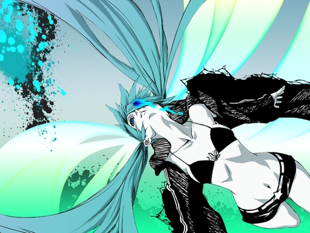 Black Rock Shooter - bra, anime, female, green eyes, green hair, long hair, black rock shooter, mato kuroi, anime girl, kuroi mato, green background, girl, lime, jacket, aqua hair, shorts, video games, lone, brs