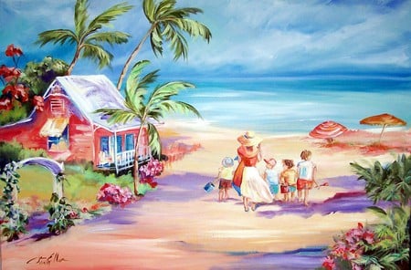 Day At The Beach - painting, fun, beach, mother, house, kids