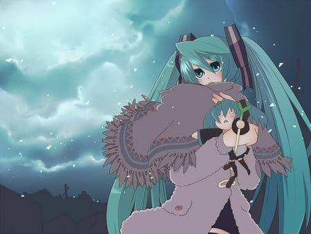 Hatsune Miku - chibi miku, aqua, headset, music, anime girl, white, cool, aqua eyes, hachune miku, little, hatsune miku, light, song, snowflakes, scarf, vocaloids, program, glow, vocaloid, snow, beautiful, diva, beauty, nice, sky, twintail, singer, blue sky, aqua hair, black, virtual, pretty, idol, white clouds, clouds, anime, miku, cute, moon, girl, winter, hatsune, headphones, hachune, awesome, coat, gray