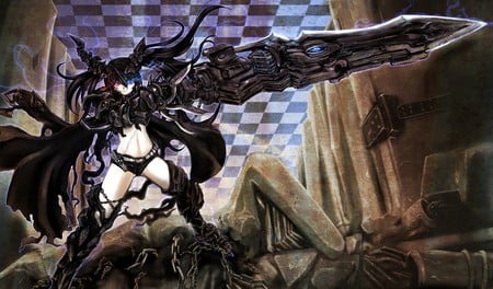 Insane Black Rock Shooter - female, thigh highs, insane black rock shooter, pink eye, anime girl, brs, black hair, shorts, anime, checkered, blades, ibrs, girl, blue eye, long hair, boots, chains, armour, scars, video games, weapons, black rock shooter