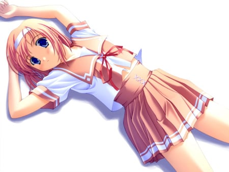 girl with head band - anime, skirt, hot, pink uniform, girl, cute, pink hair