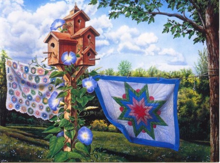 summer breeze     for Tedisoo - quilt, clothesline, tree, birdhouse, grass, blanket