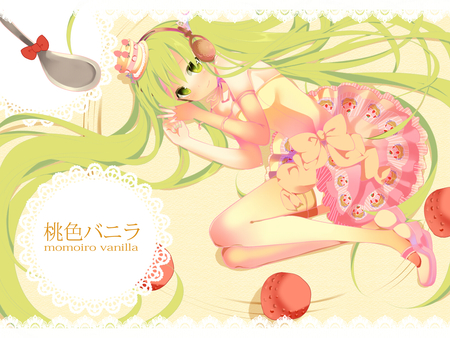 Hatsune Miku - pretty, spoon, pink, flowers, headphones, nice, program, hot, thighhighs, beauty, virtual, white, green, cute, song, sexy, vocaloid, anime, twintail, dress, hatsune miku, green hair, microphone, music, aqua, red, idol, anime girl, desert, beautiful, singer, girl, cool, miku, awesome, diva, aqua hair, hatsune, apple, vocaloids, headset