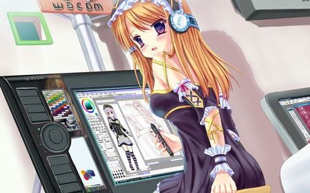 art girl - drawing, anime girl, listening to music, blond, cute, art