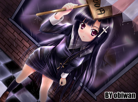 working in the rain - anime, sign, rain, black hair, girl, cute