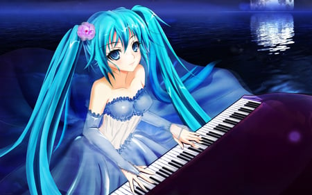 miku playing piano - anime, vocailod, miku, blue dress