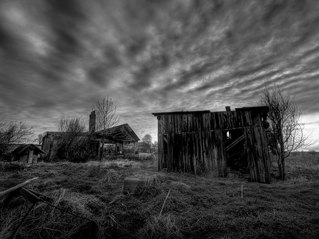 Mysterious - grass lands, shack, house, clouds