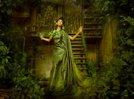 Evergreen - gown, vines, dress, stairs, plants, nature, steps, woman, green