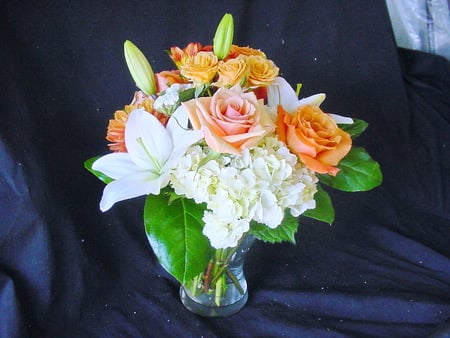 Betty's bouquet - white, pink, green leaves, orange, flowers, bouquet, vase