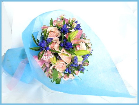 Blooms for Charlene - white, pink, flowers, bouquet, spring, tissue, blue, green