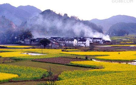 nature landscape - nature, sky, trees, mountain, yellow, smoke, house, flowers