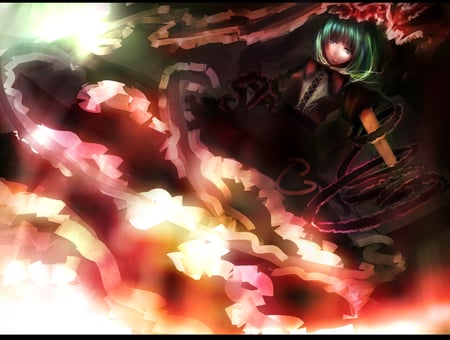 Fire storm - flowers, anime, fire, green, girl, hair, stripes