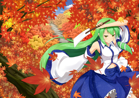 Autum 2 - anime, autum, green, girl, long, hair, leaves