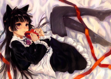 Cat in the bed - ore, anime, neko, ears, girl, kuroneko, cat, bed, no, cargirl, imouto