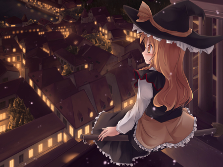 City view - witch, anime, lights, girl, city, houses