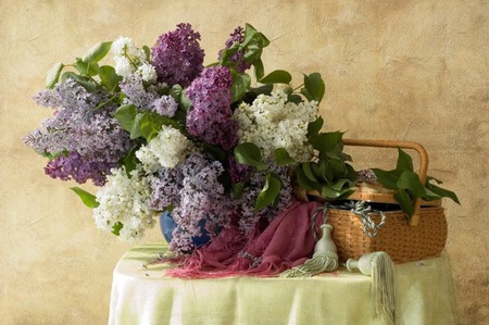 gaze of beauty - flowers, basket, cloth, table, colors, bouquet