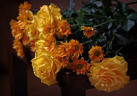 yellow & orange - yellow, roses, beautiful, orange, daisies, still life, wooden table