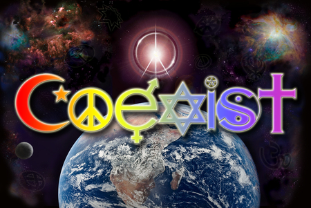 Coexist - universe, desire, female, religions, unity, race, symbol, protect, care, planet, harmony, love, male, stars, gender, ethnicity, peace, nationality, united, creed, world, belief, colour, hope, om, coexist