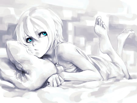 Blue world - beauty, pillow, bed, girl, blue eyes, white, beautiful, blue, anime, cute