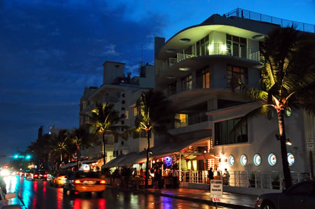 Ocean Drive - miami, lights, colourful, south beach, night, ocean