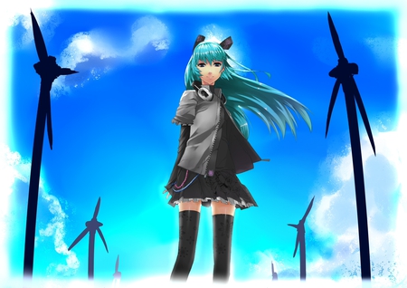 Hatsune Miku - virtual, miku, digital, vocaloids, song, uniform, singer, cool, awesome, vocaloid, wind turbines, anime, twintail, clouds, skirt, aqua hair, realistic, painting, hatsune, cute, beautiful, blue sky, girl, anime girl, real, program, aqua eyes, artistic, pretty, aqua, beauty, white clouds, drawing, digital art, art, diva, sky, nice, tie, idol, music, hatsune miku