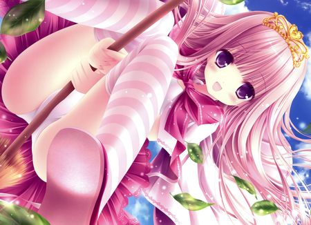 swing - sky, bow, long hair, pink hair, tinkle, purple eyes, loli