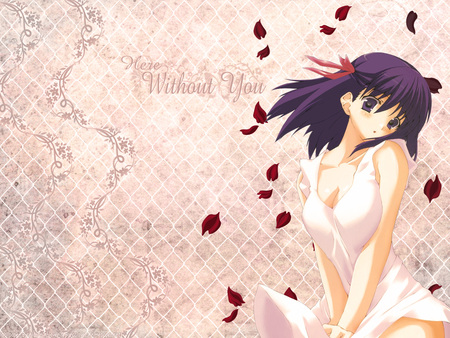 here with out you - white dress, anime, purple girl, girl, cute, rose petals