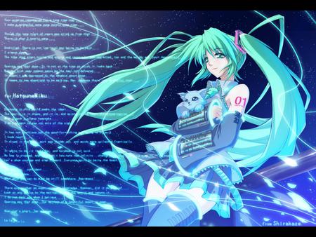 Hatsune Miku - tie, pretty, radical, dog, pink, uniform, space, inu, exotic, nice, program, neko, thighhighs, beauty, virtual, love, white, cute, song, vocaloid, anime, blue, twintail, blue sky, hatsune miku, stars, music, aqua, vitual, sky, idol, anime girl, skirt, beautiful, singer, girl, cool, cat, black, miku, awesome, diva, waves, hatsune, vocaloids