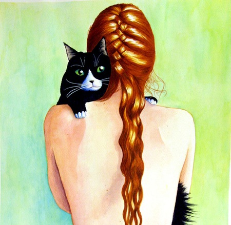 Hugs with Kitty - abstract, female, artwork, cat, fur, fantasy, paw, feline, red-head, whiskers