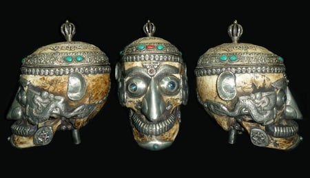 Tibetan Tantric Kapala - abstract, kapala, inlay, photography, tantric, semi-precious stones, human skull, decorated, silver