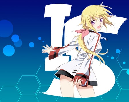 Charlotte Dunois - pretty, dunois, pig tail, pink, hive, purlpe eyes, happy, uniform, nice, thighhighs, beauty, charlotte dunois, school uniform, white, bubbles, cute, bow, anime, yellow, blue, school, blonde, tail, comb, purple, red, infinite stratos, anime girl, beautiful, girl, blonde hair, cool, is, black, smile, awesome, charlotte