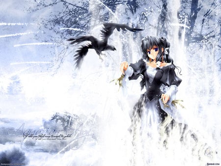 black in white beauty - girl, black, white, cold, gird, snow, beautiful, anime, dress