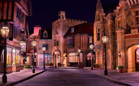 Beautiful Night - street, lights, lanterns, road, beautiful, vase, vases, architecture, view, city, nature, colorful, streets, beauty, flowers, buildings, romance, night, peaceful, sky, town, houses, lovely, house, colors, romantic