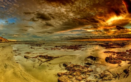 Amazing Sky - amazing, beach, sand, golden sunset, view, golden, sky, clouds, beautiful, sea, beauty, colors, lovely, ocean, colorful, nature, sunset, waves, peaceful