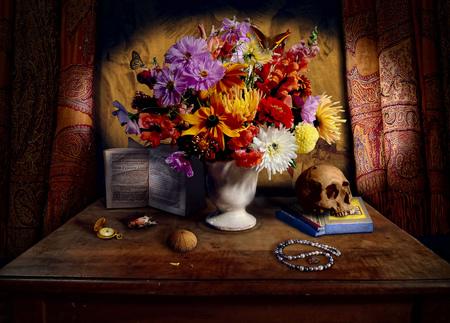 Still life - bird, book, butterflies, photo, skull, flowers, fly, vase, abstract, beautiful, curtains, photography, table, beauty, colors, still life, popular, watch, necklace, ring