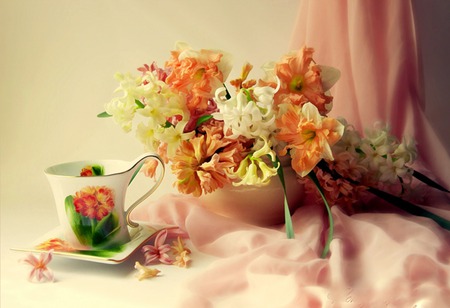 vivid - curtain, flowers, frabric, saucer, cup