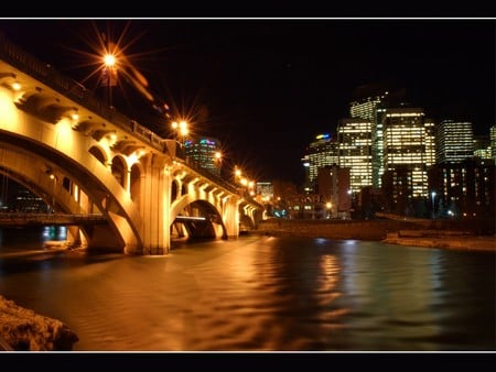 Bridge  - water, lights, evening, skyscrapers, night, bridge