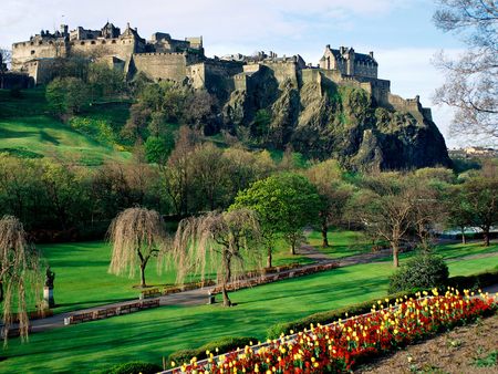 Scotland - Edinburgh Castle 2 - trees, benches, castle, edinburgh, middle-ages, rock, flowers, edinburgh castle, scotland