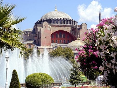 Hagia Sofia - sky, trees, photography, water, cathedrals, spring, turkey, fountain, hagia, churches, clouds, architecture, landscapes, religious, ancient, travel, istanbul, gardens, sophia, fountains, nature, hagia sofia, pink, aya sofya, flowers