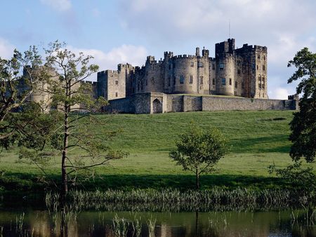 alnwick castle in northumberland england - hill, england, trees, northumberland castle, castle, river, grass