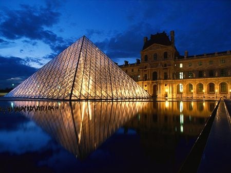 Palais Du Louvre - night, reflection, pyramid at louvre museum, architecture, louvre, paris, lights, pyramid, france, sky