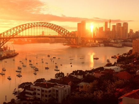 Sun Kissed Australia - boats, sun, sunset, buildings, nature, town, australia, sea, bridge, sydney