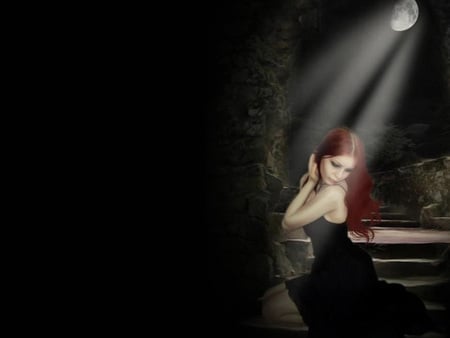 Gotic Girl in Moon Light - stairs, moon, red, beam