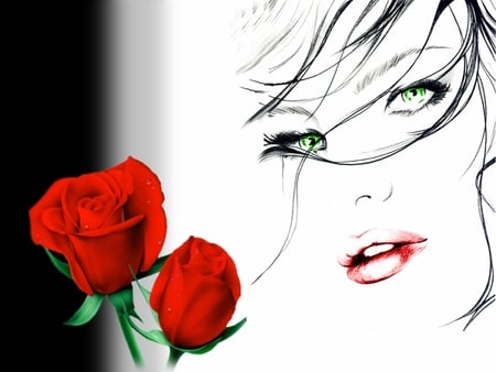 Sketch Girl - lips, red, girl, eyes, rose