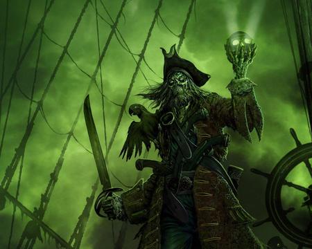 Pirate With Skull !!! - skull, abstract, background, pirate lord, green, fantasy, pirate