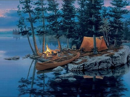 Camping - nature, ship, lake, camping, trees, fire, boat