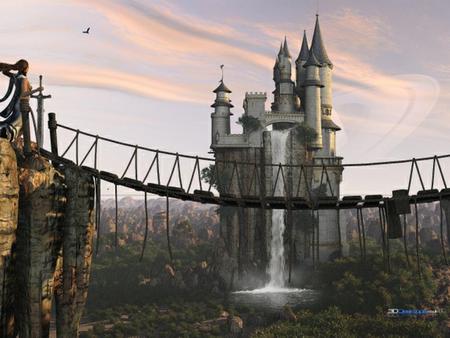 magic castle - fantasy, nature, waterfall, magic, castle, bridge